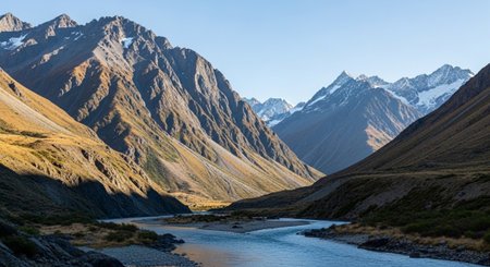 Natural landscape of New Zealand alps and river at sunrise. Panoramic view