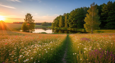 Sunset or sunrise over a summer field with daisies and grass