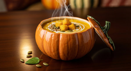 Pumpkin soup with cream and pumpkin seeds on a wooden tableの写真素材