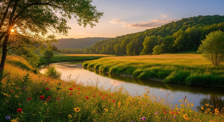 Sunset over a small river in spring. Landscape with river and meadow.