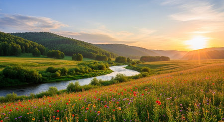Beautiful summer landscape with colorful meadow and mountain river at sunset