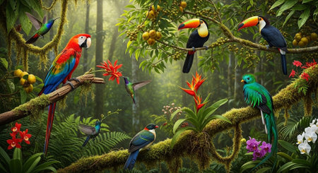 Parrots on a branch in the rainforest. 3d renderingの写真素材