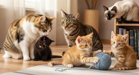 Group of kittens playing with ball of yarn on the floor at home