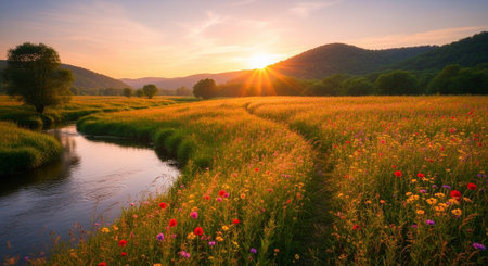 Sunset over a meadow with poppies and wildflowers