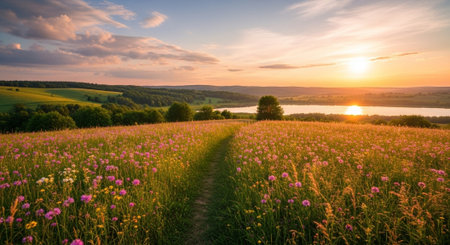 Beautiful summer landscape with meadow and river at sunset. Panorama