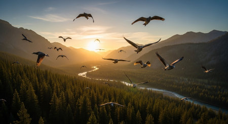 Seagulls fly over the river in the mountains at sunset