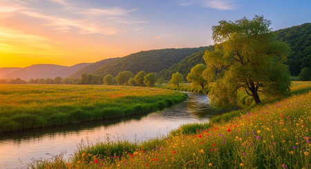Beautiful spring landscape with river, meadow and trees at sunset