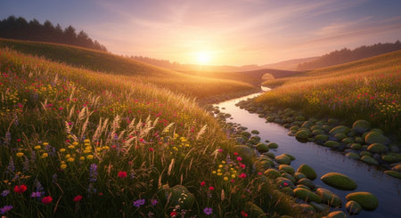 Sunset over a meadow with wildflowers and a river