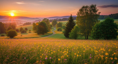 Beautiful summer landscape. Sunrise over the meadow with flowers.