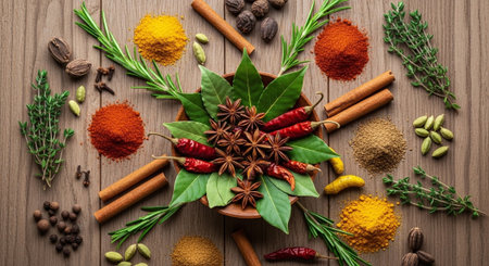 Spices and herbs on wooden background. Food and cuisine ingredients.