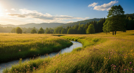 Beautiful summer landscape with meadow and river. Nature background.