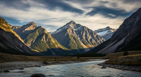 Panoramic view of the Bow River, Jasper National Park, Alberta, Canada