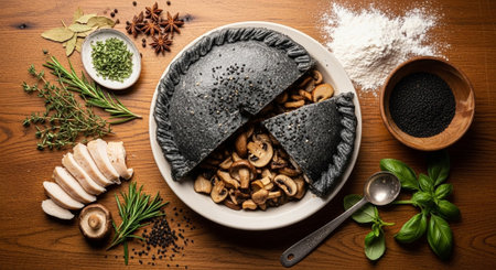 Black sesame bread with mushrooms, herbs and spices on wooden background