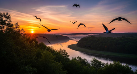 Beautiful sunset over the river with flying seagulls.の写真素材