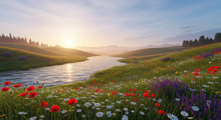 Sunset over a lake with poppies and daisies