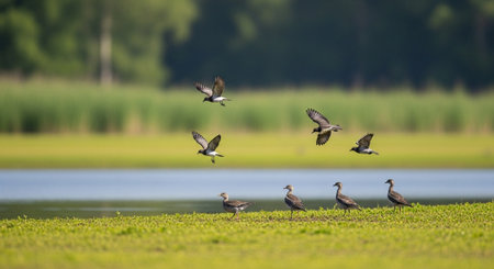 Flock of Ring-billed greylag geese in flight