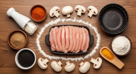 Raw chicken fillet with ingredients for cooking on wooden background, top viewの写真素材