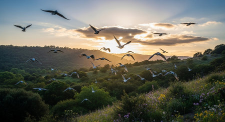 Sunset over the meadow with flying seagulls.
