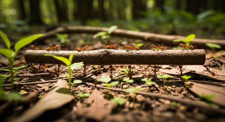 Ants walking on a log in the forest, teamwork concept.