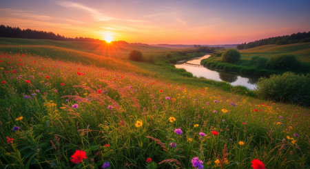 Sunset over the river. Beautiful spring landscape. Panorama.