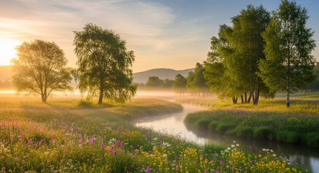 Beautiful morning landscape with river, trees and meadow at sunriseの写真素材
