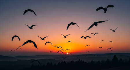 Flock of seagulls flying in the sunset sky.