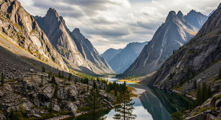 Panoramic view of the lake and mountains in the Altai Republic.の写真素材
