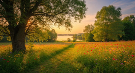 Sunset over a meadow with red poppies and trees