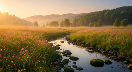 Sunrise in the meadow with pink cosmos flowers and small stream
