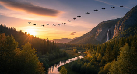 Panoramic view of the mountain river and a flock of birds at sunset