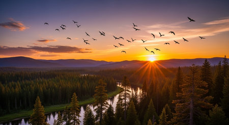 Aerial view of river, coniferous forest and flying birds at sunset