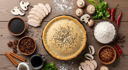 Ingredients for cooking mushroom pie on wooden table, top view. Space for text