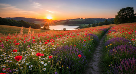 Sunset over meadow with poppies and wildflowers