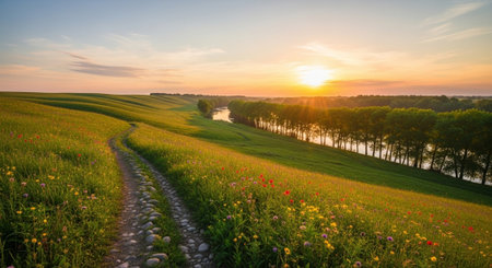 Sunset over a field with wildflowers and a dirt road