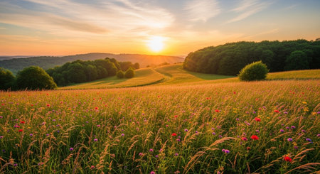 Sunset on the meadow with wildflowers in the summer