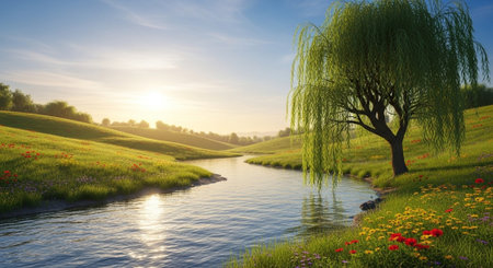 Willow tree on the river bank at sunset. 3d render