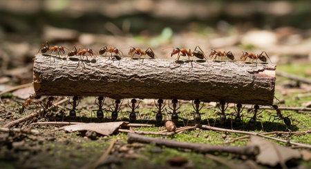 Group of ants walking on a log in the forest, teamwork conceptの写真素材