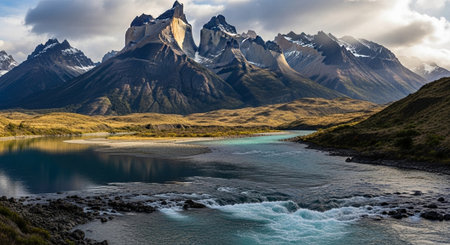 Panoramic view of Torres del Paine National Park, Chileの写真素材