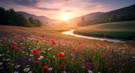 Sunset on a meadow with poppies and wildflowersの写真素材