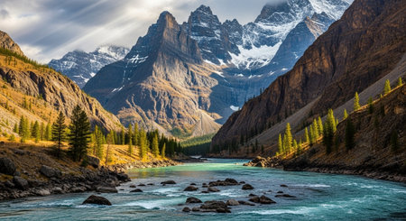 Mountain landscape with a riverの写真素材