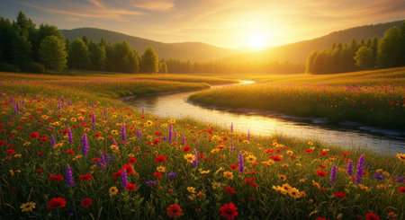 Colorful meadow with wildflowers and river at sunset.の写真素材