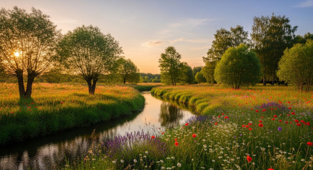 Sunset over a small river in spring with willow trees and flowersの写真素材