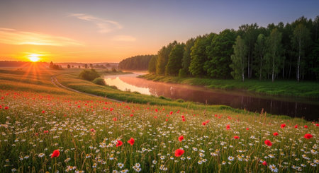 Sunset over a meadow with poppies and a riverの写真素材