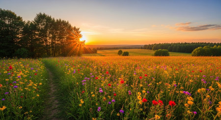 Sunset or sunrise in a summer field with wildflowers and pathの写真素材
