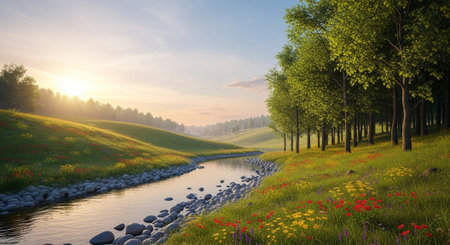 Beautiful summer landscape with river and green meadow at sunrise.の写真素材