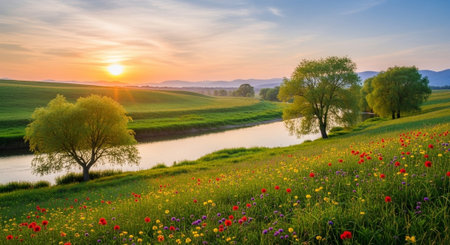Beautiful spring landscape with blooming meadow and trees at sunset
