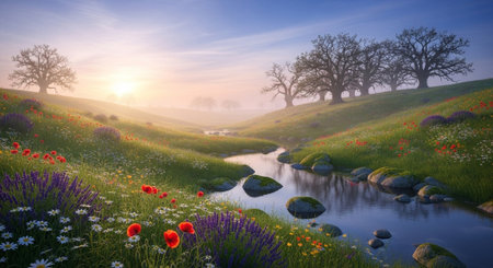 Spring meadow with poppies and oak trees at sunrise.の写真素材