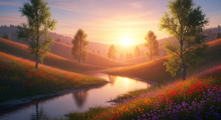 Beautiful spring landscape with blooming poppies and river.の写真素材