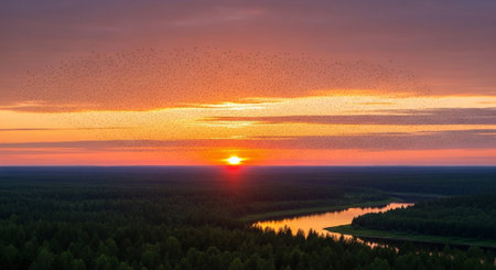 Aerial view of beautiful sunset over the lake with flying birds.の写真素材