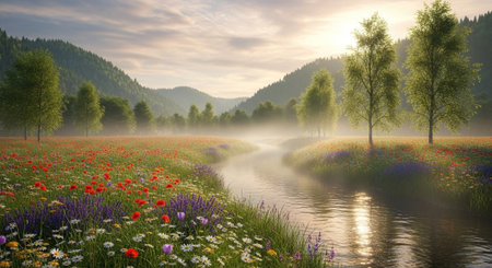 Beautiful spring landscape with meadow and river. Panorama.の写真素材